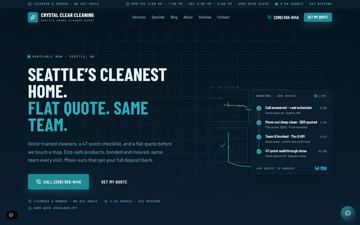 Home page of the Crystal Clear Cleaning demo, a fictional cleaning business in Seattle, WA.