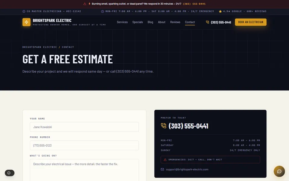 The BrightSpark Electric demo contact page, with a free estimate request form.