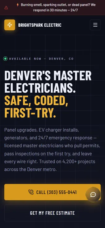 The BrightSpark Electric demo home page on a 390 pixel phone, with the emergency banner above the menu.