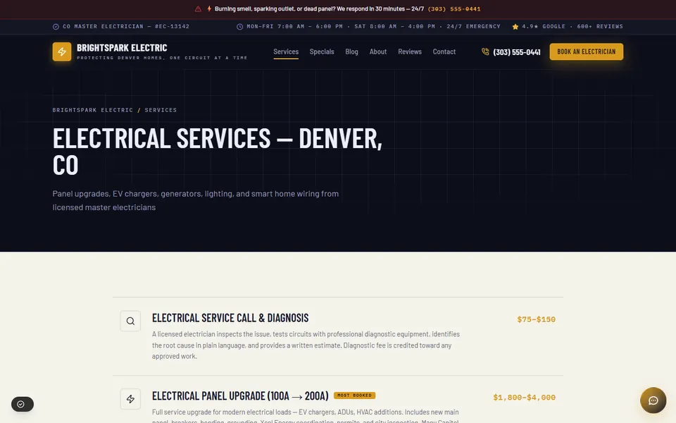 The BrightSpark Electric demo services page, listing diagnosis, panel upgrades, EV chargers and generators.