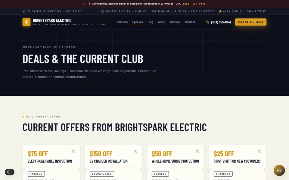 The BrightSpark Electric demo deals page, with offers and a yearly membership.