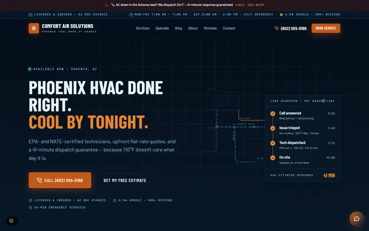 Home page of the Comfort Air Solutions demo, a fictional hvac business in Phoenix, AZ.