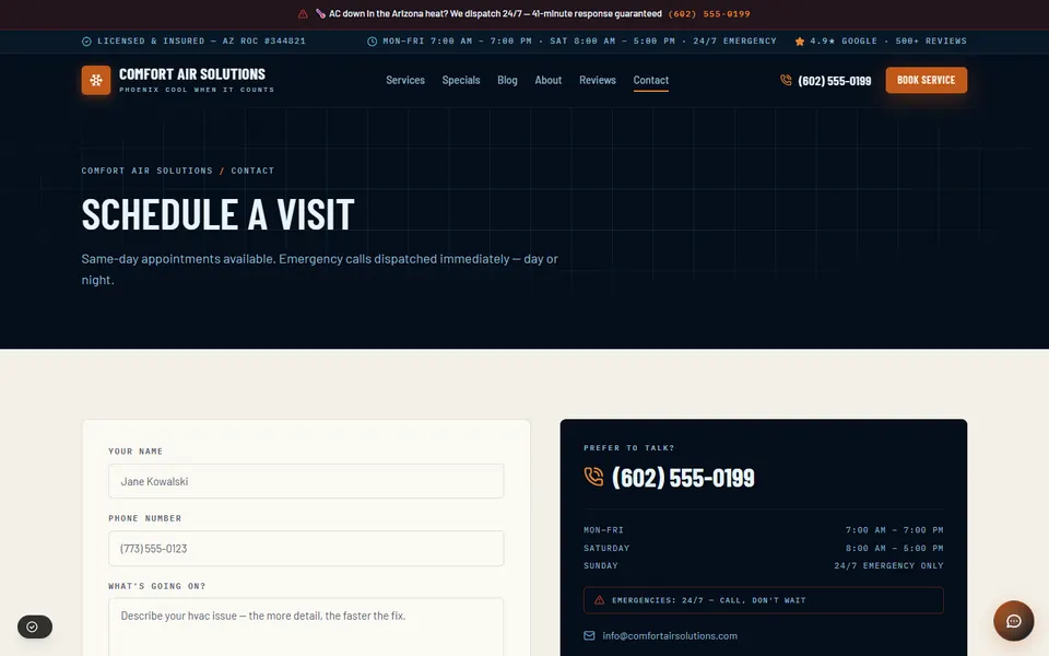 The Comfort Air Solutions demo contact page, with a visit scheduling form beside the phone line.