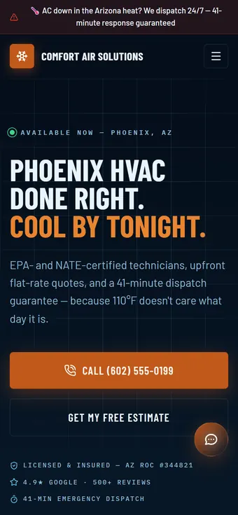The Comfort Air Solutions demo home page on a 390 pixel phone, with the Arizona heat banner above the menu.