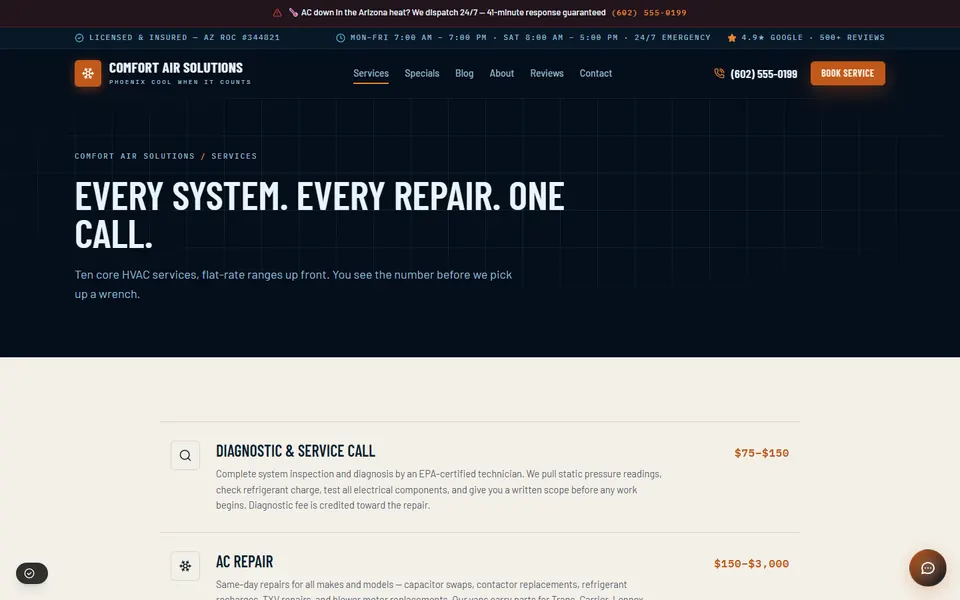 The Comfort Air Solutions demo services page, listing repair, replacement, heat pump and duct work.