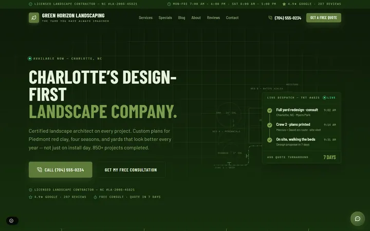 Home page of the Green Horizon Landscaping demo, a fictional landscaping business in Charlotte, NC.