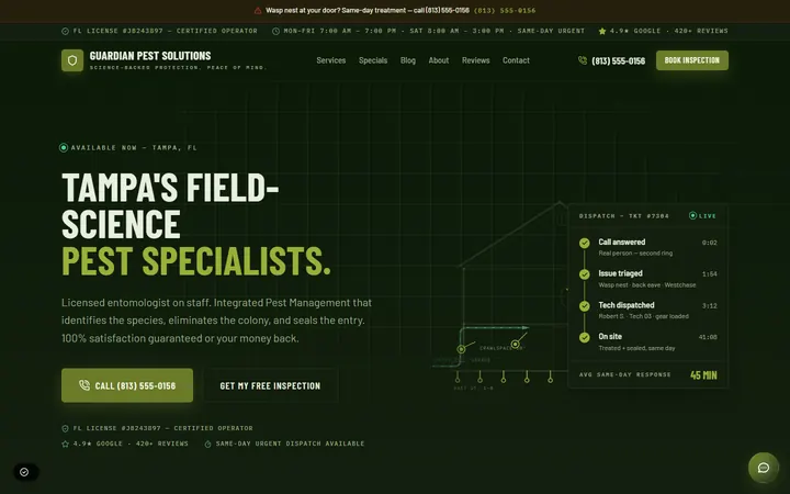 Home page of the Guardian Pest Solutions demo, a fictional pest control business in Tampa, FL.