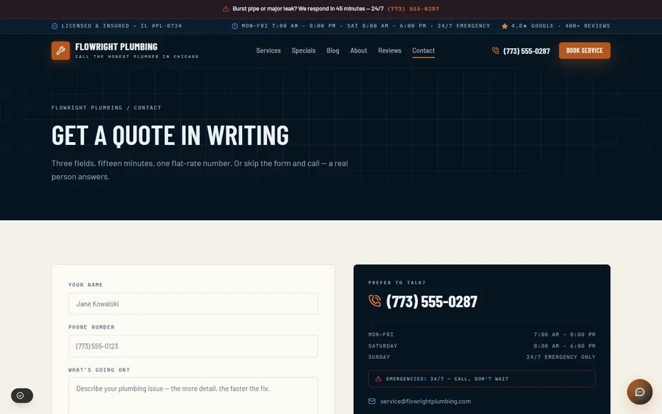 The FlowRight Plumbing demo contact page, with a quote form beside the phone line and hours.