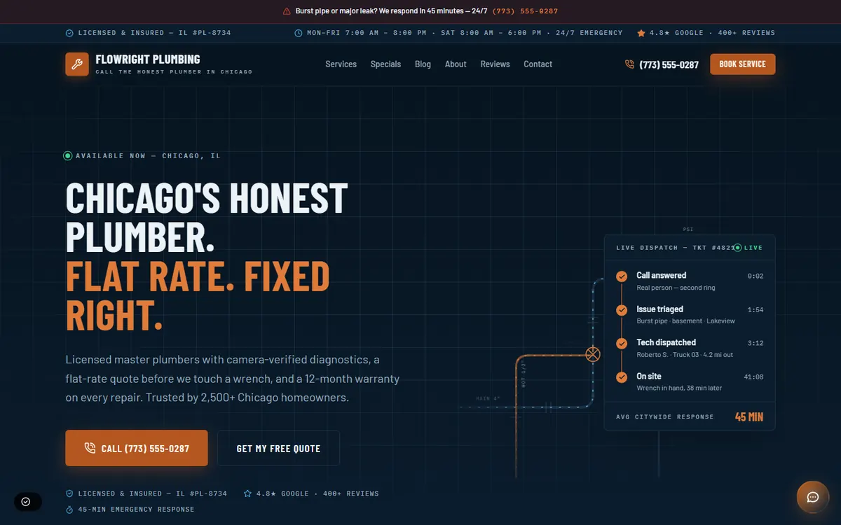 Home page of the FlowRight Plumbing demo: a burst-pipe banner, a phone number and the headline Chicago’s Honest Plumber, Flat Rate, Fixed Right.