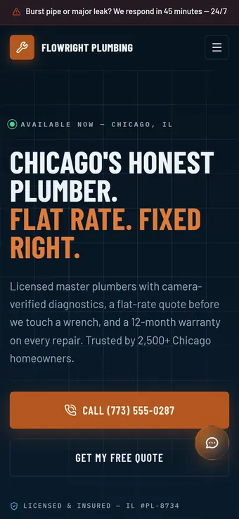 The FlowRight Plumbing demo home page on a 390 pixel phone, with the burst-pipe banner above the menu.