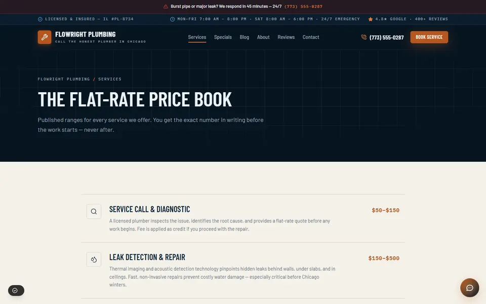 The FlowRight Plumbing demo price book, listing a flat-rate range beside each service.