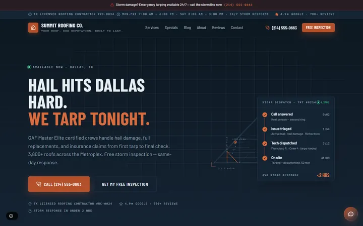 Home page of the Summit Roofing Co. demo, a fictional roofing business in Dallas, TX.