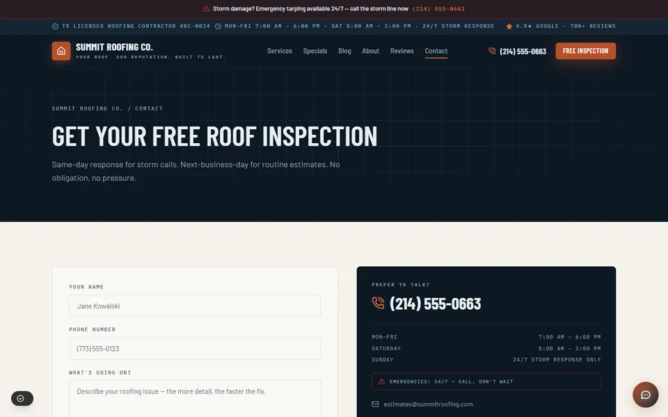 The Summit Roofing Co. demo contact page, with a free roof inspection request form.
