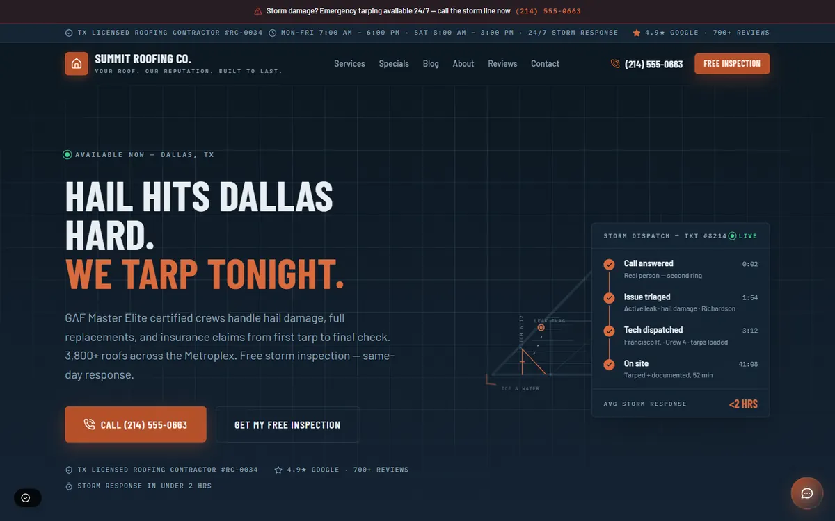 Home page of the Summit Roofing Co. demo: a storm-line banner, a phone number and the headline Hail Hits Dallas Hard, We Tarp Tonight.