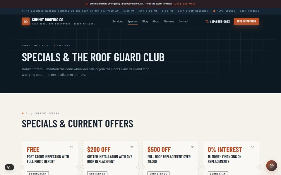 The Summit Roofing Co. demo specials page, with offers, a financing offer and a yearly roof plan.